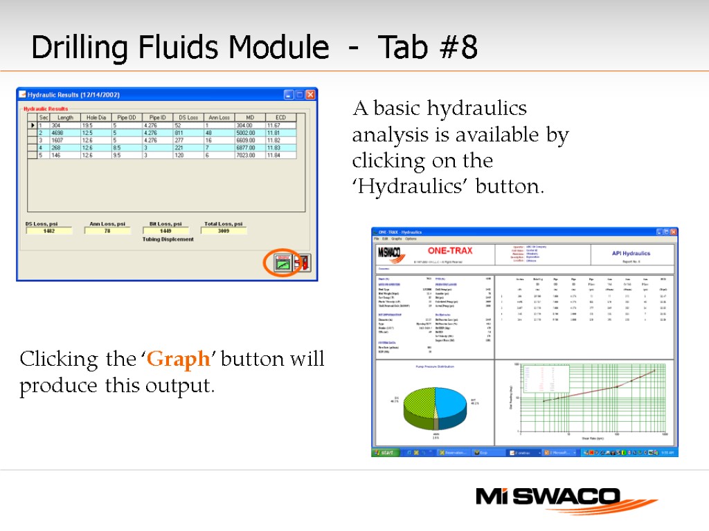 A basic hydraulics analysis is available by clicking on the ‘Hydraulics’ button. Clicking the
